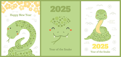 2025 Chinese Lunar New Year cute snake poster, banner collection, clouds, plum blossoms, abstract elements. Flat style vector illustration. Design concept CNY, Seollal, Tet holiday card decor element