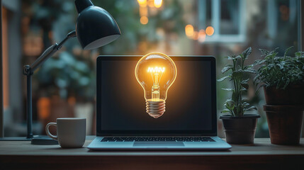 laptop with an idea bulb on the screen is placed in a modern office interior, symbolizing creativity and innovation for business ideas or technology concepts