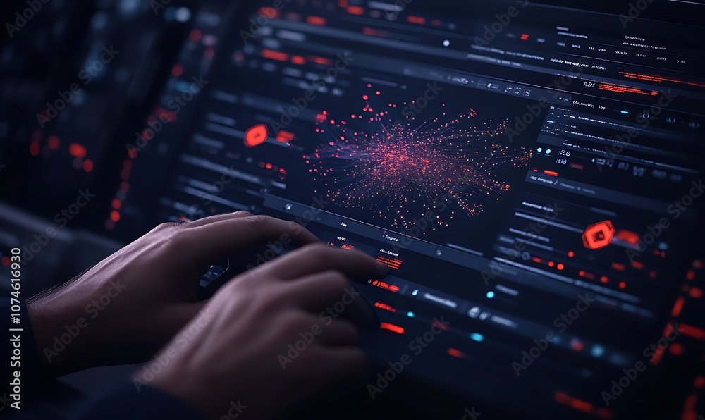 Poster A close-up of hands typing on a computer keyboard, displaying intricate digital data visualization in a dark, high-tech environment.