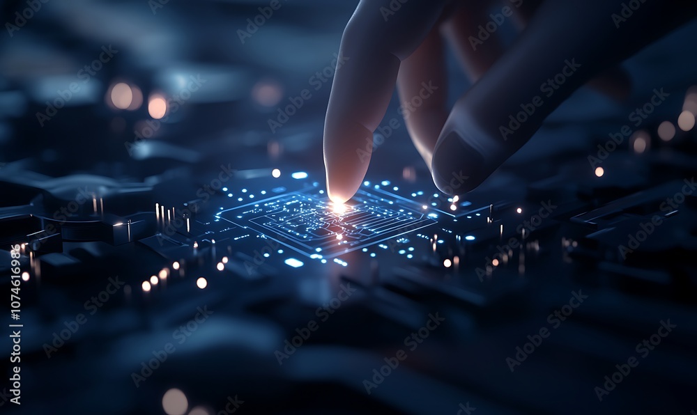 Poster a close-up of a finger touching a glowing circuit board, highlighting technology, connectivity, and 