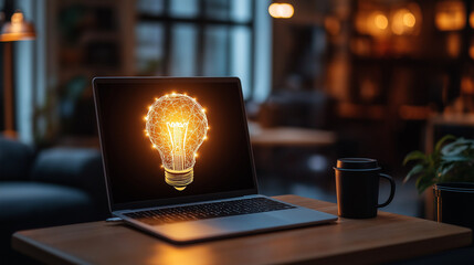 laptop with an idea bulb on the screen is placed in a modern office interior, symbolizing creativity and innovation for business ideas or technology concepts