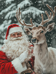 Santa Claus, next to him a big white deer, winter background
