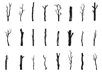 Wooden sticks black icons set. Dry wood tree branches. Rustic decorative natural botanical twig design elements. Black and white simple flat style. Isolated vector on white background
