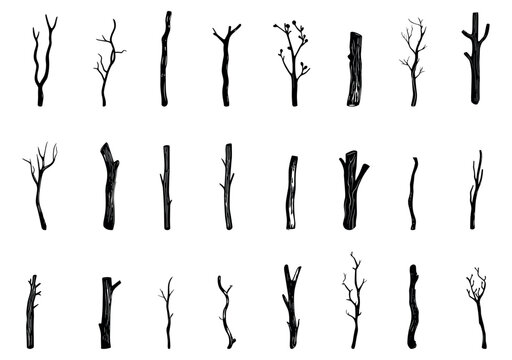 Wooden sticks black icons set. Dry wood tree branches. Rustic decorative natural botanical twig design elements. Black and white simple flat style. Isolated vector on white background