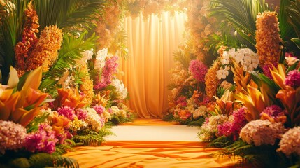 An empty scene featuring blank mockup template on a colorful stage decorated with large floral arrangements, celebrating Guru Nanak Jayanti&acirc;&euro;&trade;s divine teachings, 