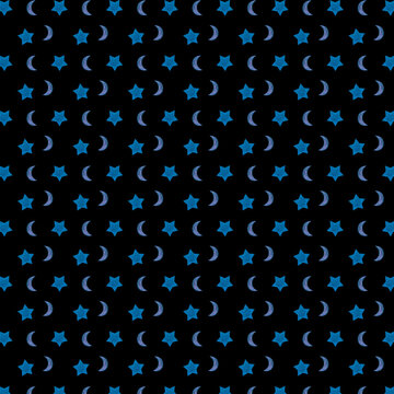 Blue Moon and Stars Hand-drawn Seamless Pattern on Black