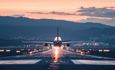 Fototapeta na wymiar Airplane taking off from a runway at sunset, symbolizing travel and modern transportation.