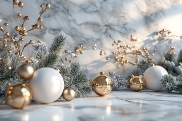 3D illustration of a white and silver Christmas scene adorned with ornaments and festive decorations.