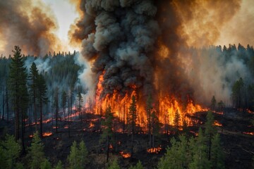 Massive wildfire engulfs forested area, creating thick smoke and flames during summer