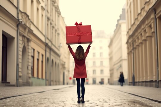 Woman carrying large present box, design resource.