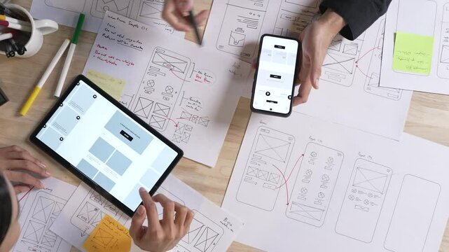 UX UI designers discussing and brainstorming on wireframes for a website and mobile app prototype, in the concept of website and mobile application design concept.