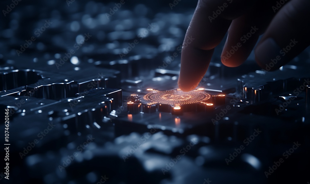 Poster a close-up of a fingertip gently touching a glowing, intricate surface, creating light sparks in a d