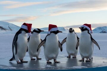 Obraz premium Family of penguins wearing Santa hats against the Arctic backdrop