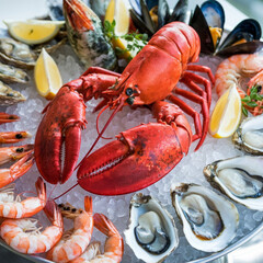 A seafood feast with lobster claws, oysters, shrimp, and mussels, artfully arranged on ice with lemon slices and herbs. Soft, natural lighting enhances the fresh and vibrant display.