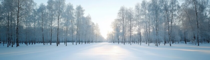 Obraz premium Serene winter scene of a snow-covered birch grove, showcasing nature's tranquil beauty in a frosty landscape.
