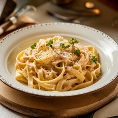 Fresh fettuccine pasta in a creamy Alfredo sauce, topped with Parmesan and parsley. This minimalist plate invites with warm lighting, highlighting rich textures and flavors.