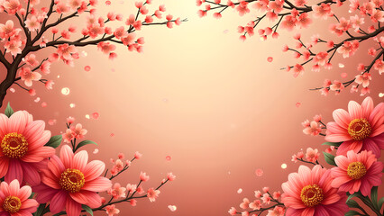 Fototapeta premium Pink cherry blossom flowers blooming on a peach background. Springtime floral background for website banners and social media.