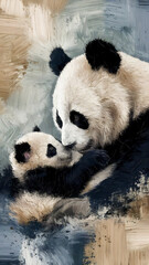 Large brushstroke oil painting of a mother panda with her baby