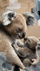Large brushstroke oil painting of a mother koala with her baby