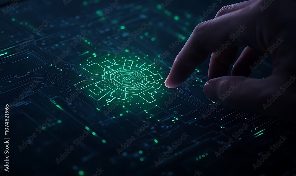 Aufkleber a hand interacts with a glowing digital network, symbolizing technology and innovation in a high-tec