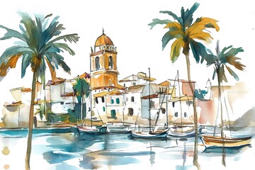Boats on the island harbor,handmade painting
