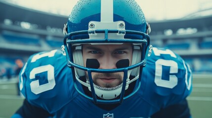 Determined Football Player In Blue Uniform, Focused and Ready, Eye of the Tiger on Game Day