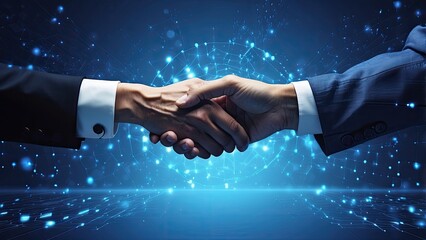 A digital handshake against a blue backdrop of technology. idea of a business alliance.