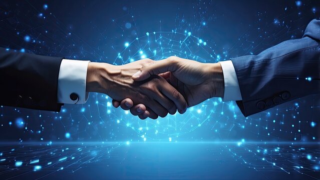 A digital handshake against a blue backdrop of technology. idea of a business alliance.