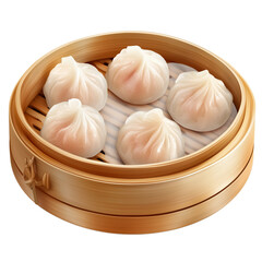 Steamed dumplings, five small fresh dumpling icons, in a round wooden steamer bowl on a transparent background