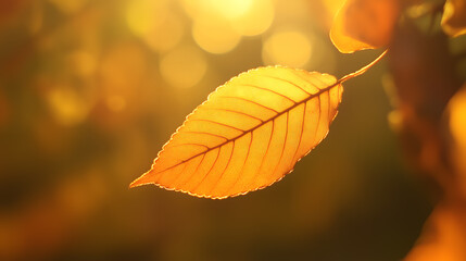 Obraz premium Close-up of a yellow autumn leaf. A bright orange tree changes with a blurred bokeh background. Golden colors in the park on a light, sunny, and warm October day.