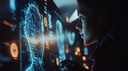 Person in a Modern Office Interacting with a Holographic Interface