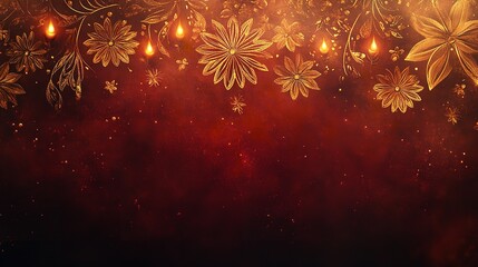 Elegant Diwali Celebration Scene with Deep Burgundy Background, Gold Filigree, Glowing Diyas, and Sparkling Fireworks Design – Festival of Lights