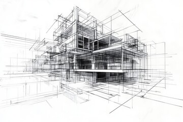Fototapeta premium A detailed architectural sketch showcasing a modern building design with intricate lines and geometric shapes.