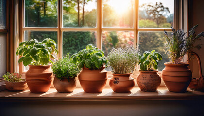 Fototapeta premium Indoor Windowsill Herb Garden with Rustic Clay Pots