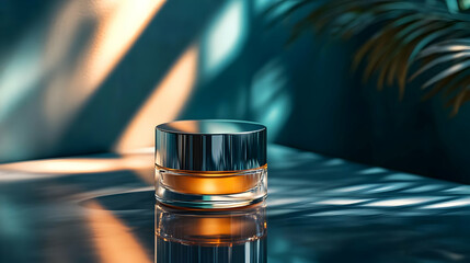 Glass Jar with Silver Lid on Teal Background with Light