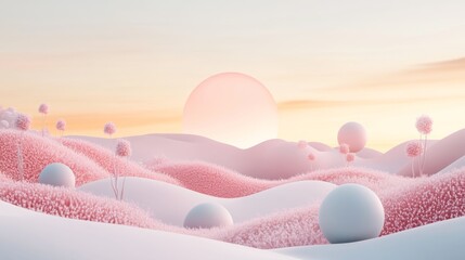 3D rendering of a beautiful background with abstract spheres and landscapes.