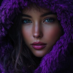 A woman wearing purple fur coat with a hood, fashion concept.