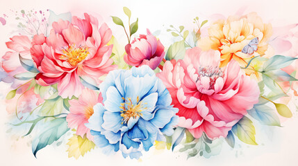 Isolated watercolor bouquet of flowers with colorful pink,lilac peonies on a white background.Separate festive plant object for congratulations and invitations, printing on cards