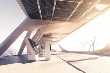 Fototapeta premium Futuristic Solar-Powered Electric Vehicle Charging Station with Wind Turbines