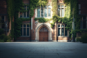  Ivy-Covered College Building Entrance with Gothic Arched Door and Stone Pathway