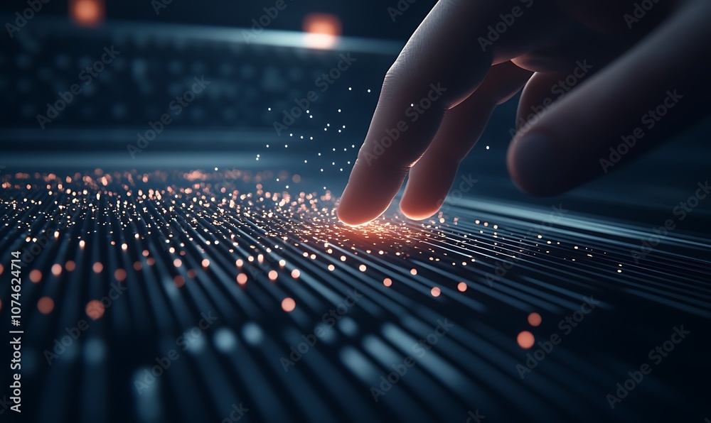 Aufkleber a futuristic hand interacts with glowing particles on a digital surface, symbolizing technology and 