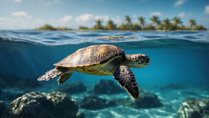 A green sea turtle gracefully swims above vibrant coral reefs in a tropical paradise