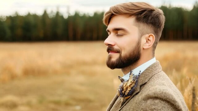 A young groom with a beard stands confidently in an autumn field, showcasing a stylish wedding outfit and thoughtful expression during golden hour