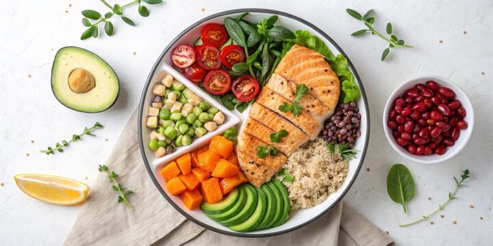 Balanced Meal Composition An overhead shot of a meal plate divided into sections showing protein healthy fats carbohydrates and vegetables representing balanced nutrition.