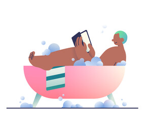 Man taking a bath and reading