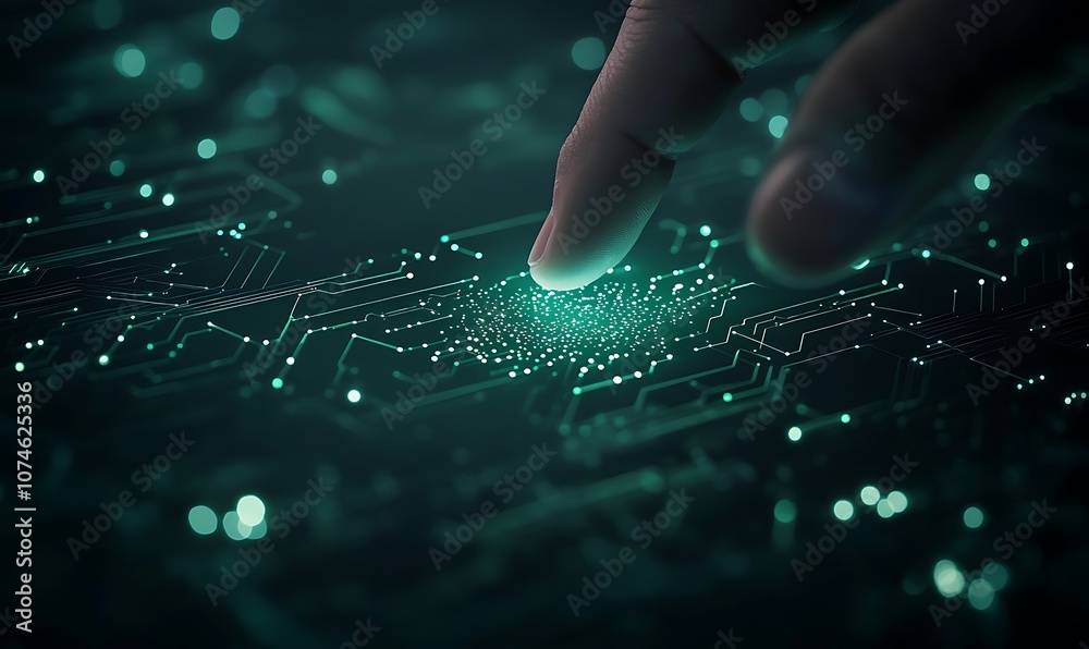 Fototapete A fingertip interacts with a glowing circuit-like design, symbolizing technology and digital connectivity.
