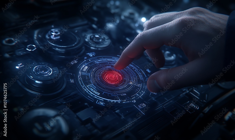 Fototapete A hand interacts with a glowing red button on a futuristic control panel, emphasizing technology and interactivity in a dark, immersive environment.