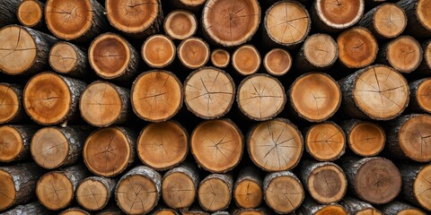 Stacked logs showing the natural patterns of bark and tree rings in a sustainable wood storage area