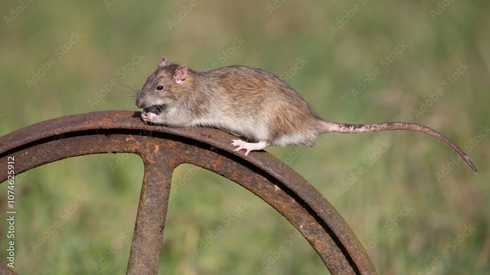 Poster A common wild brown rat is captured after it has captured and eating a smaller mouse. It is on an old rusty metal wheel 