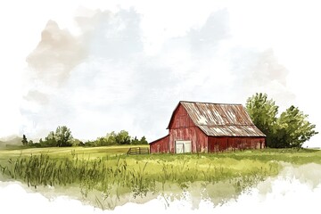 Obraz premium Watercolor rural landscape. Barn, stable in the village. Cart with hay, hedge on the background of the forest. Digital painting. Drawing watercolor. Travel and vacation concept. 
